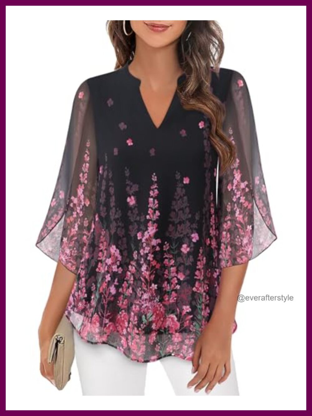 Womens Chiffon Blouse 3/4 Bell Sleeve V Neck Double Layer Tunic Top